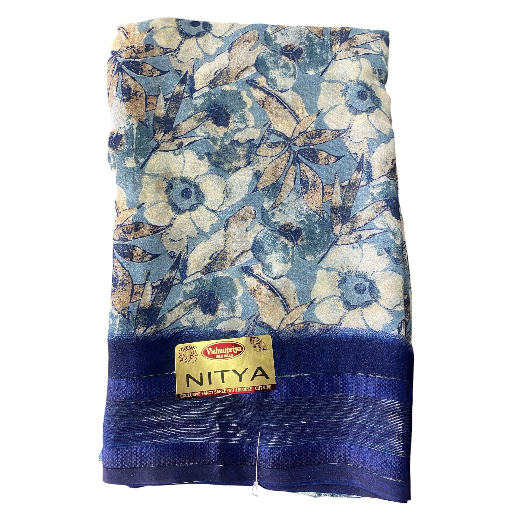 mahalakshmi paradise floral printed saree in blue with a contrasting dark blue border and soft fabric finish.