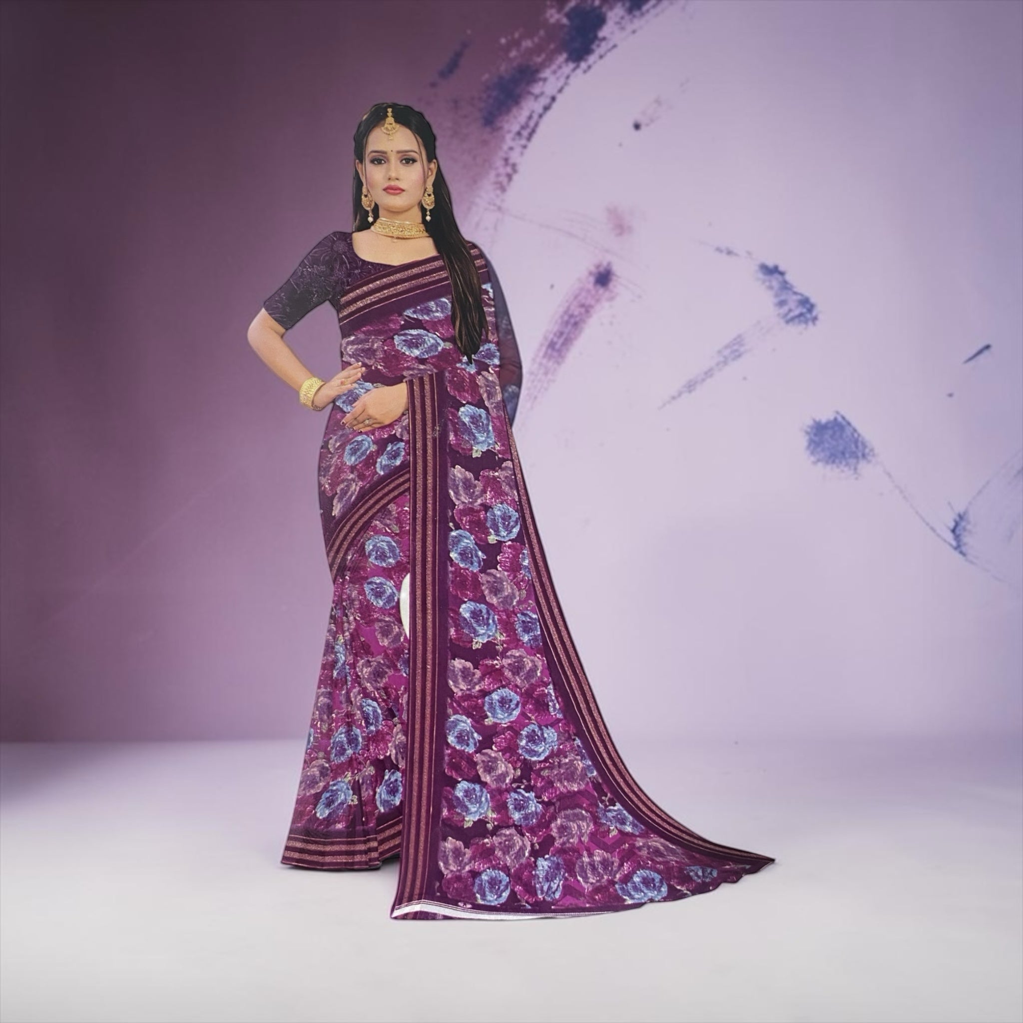 mahalakshmi paradise NITYA floral printed purple saree with metallic border and matching blouse on a model