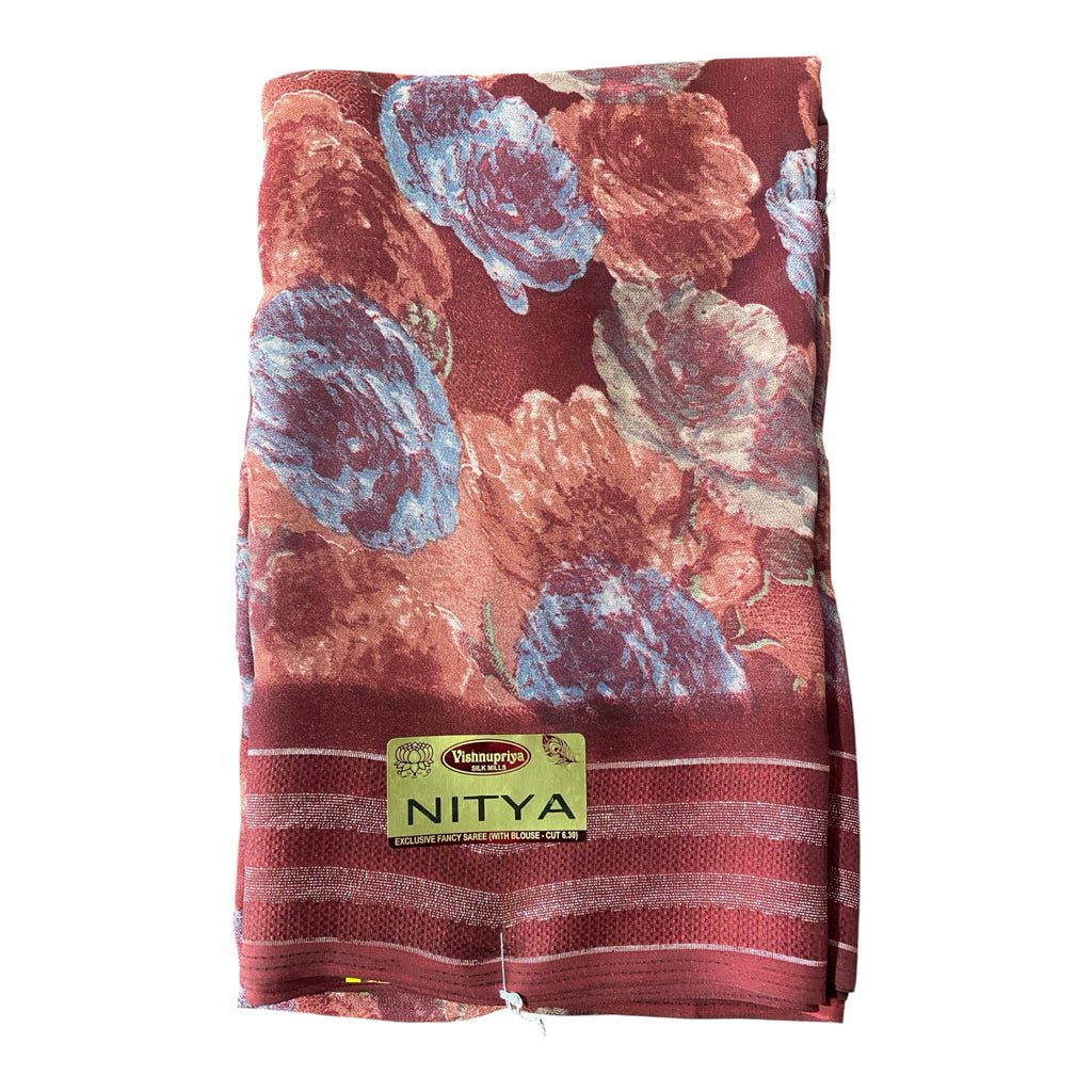 mahalakshmi paradise NITYA floral printed saree in maroon with large rose motifs and a metallic border.