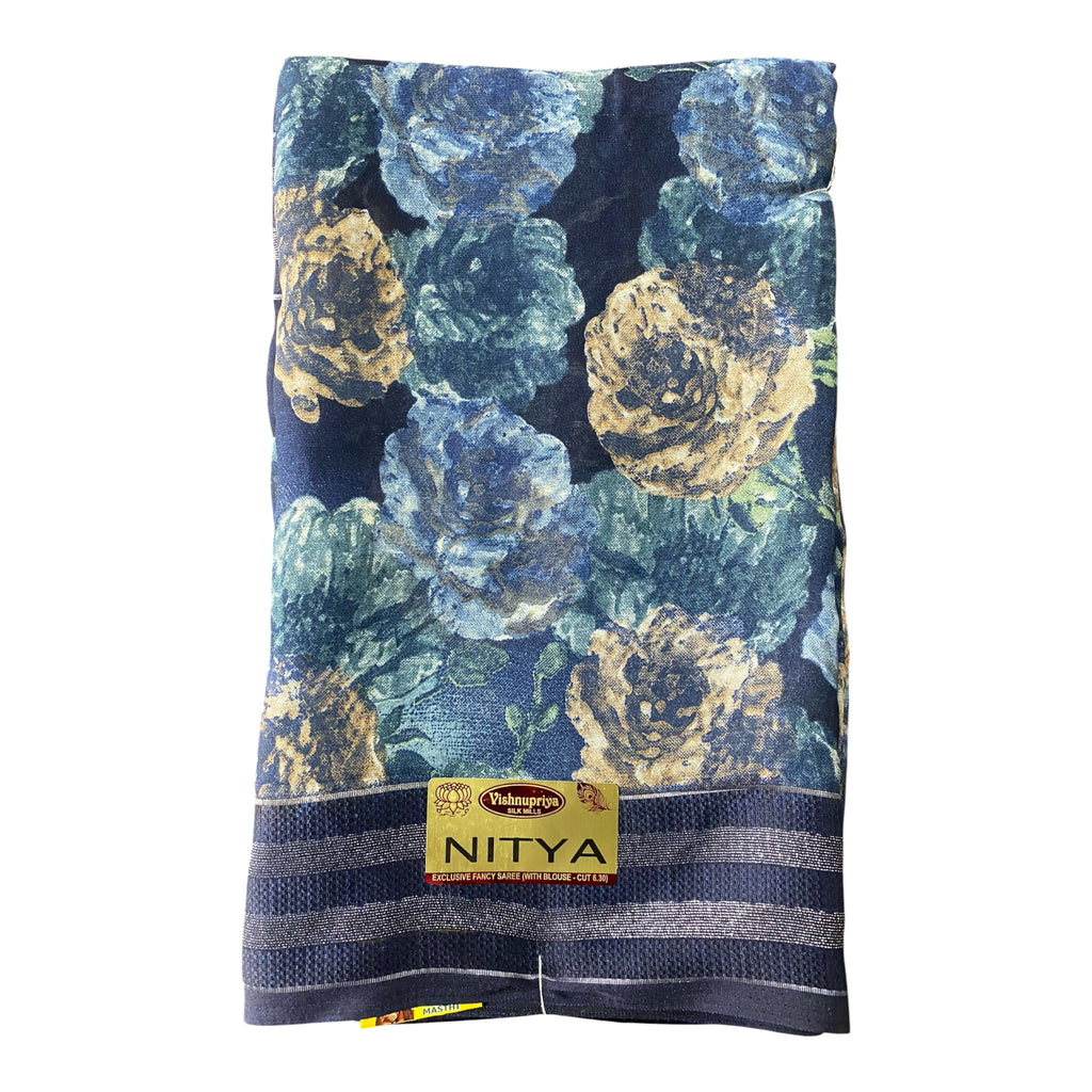 mahalakshmi paradise NITYA floral printed saree in navy blue with large rose motifs and a metallic striped border