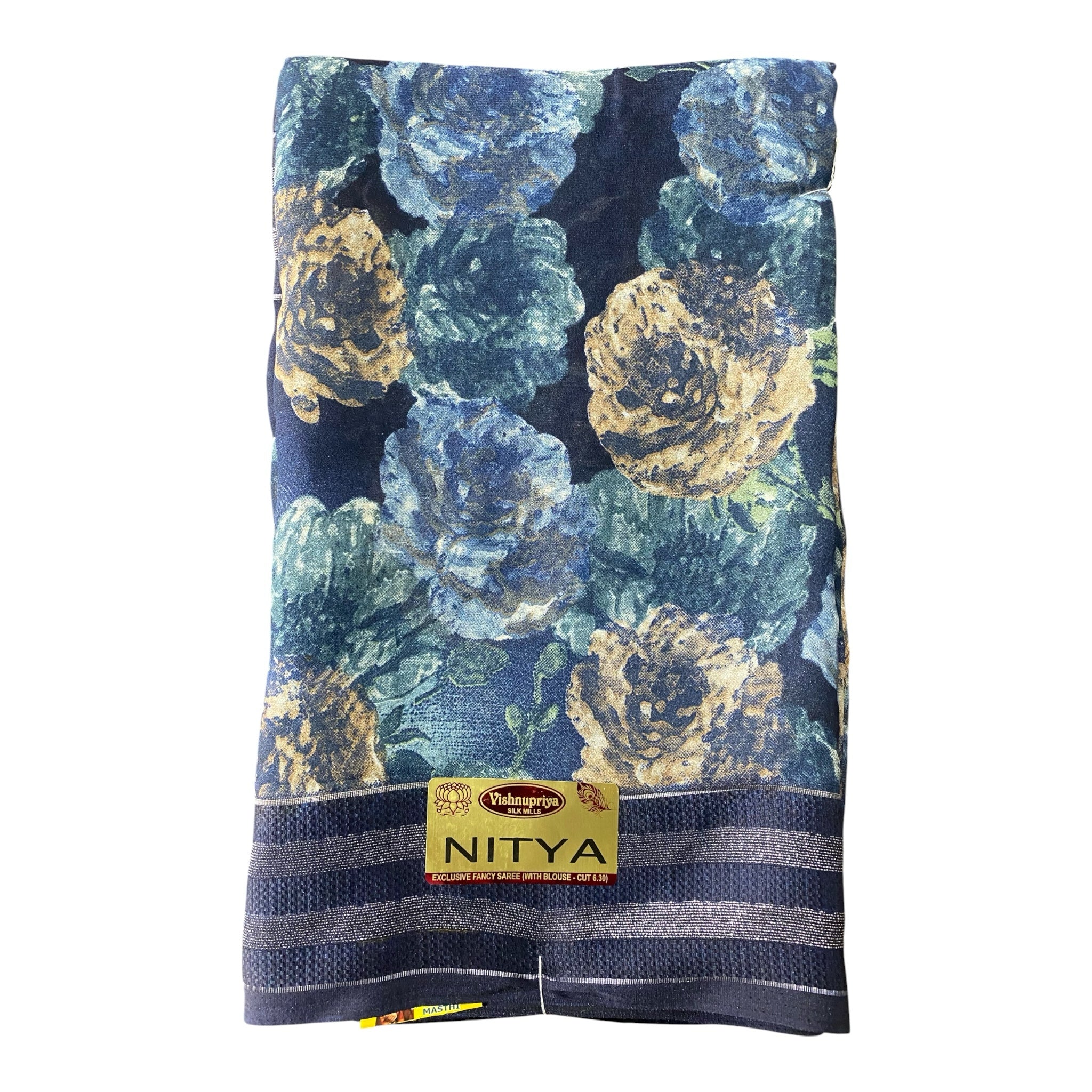 mahalakshmi paradise NITYA floral printed saree in navy blue with large rose motifs and a metallic striped border