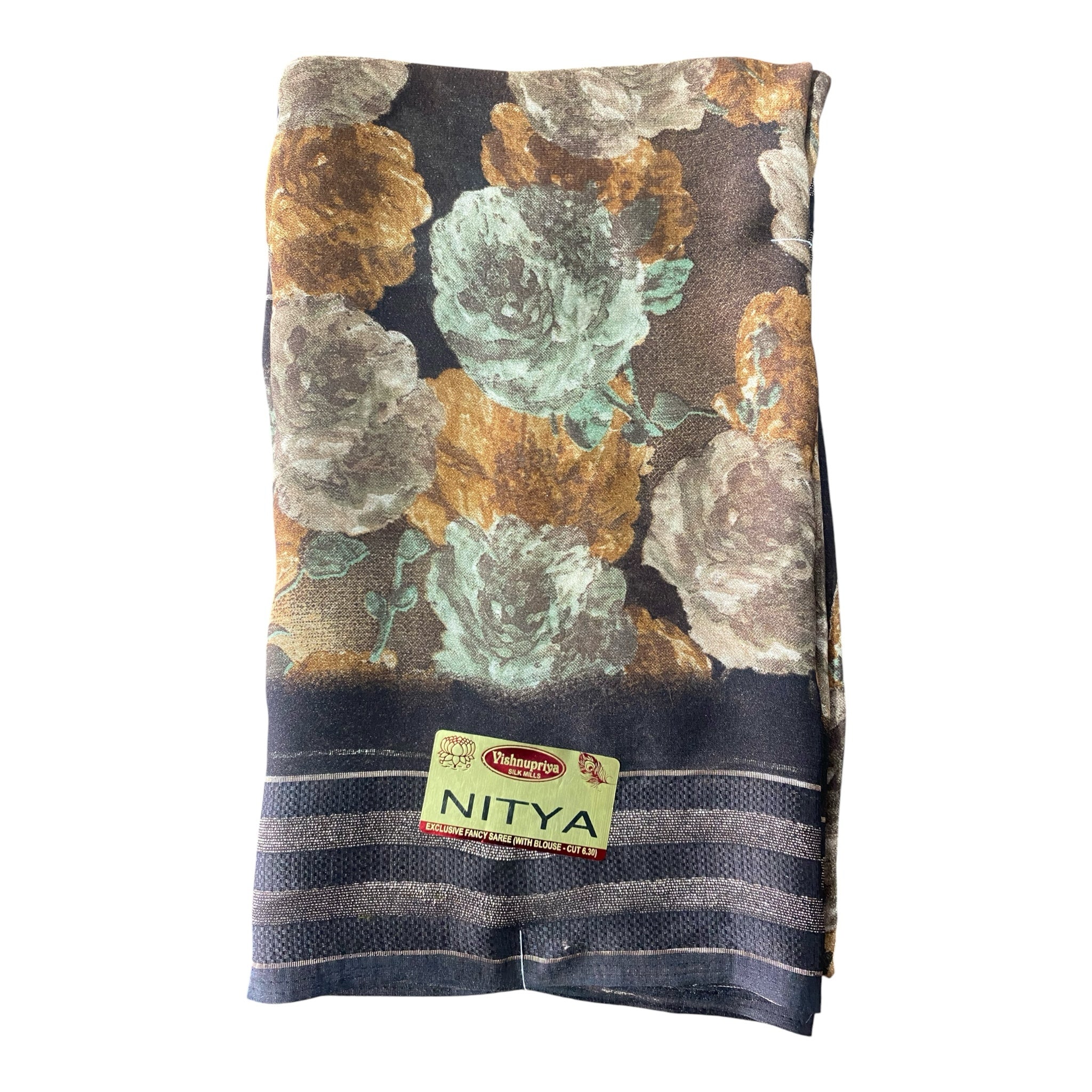 mahalakshmi paradise Vishnupriya Silk Mills NITYA floral printed saree with rose motifs and a metallic border