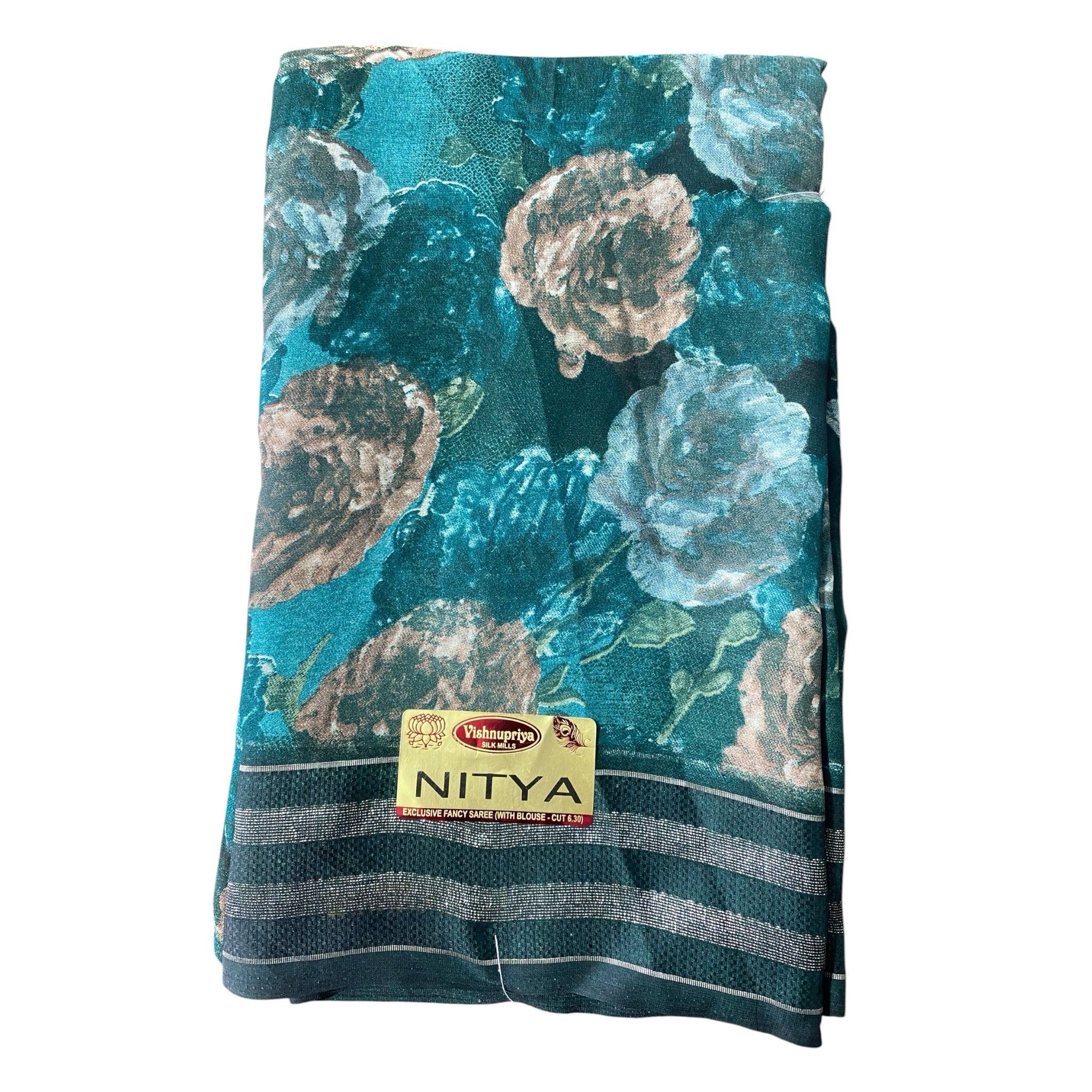 mahalakshmi paradise NITYA floral printed saree in teal with rose motifs and metallic border detail