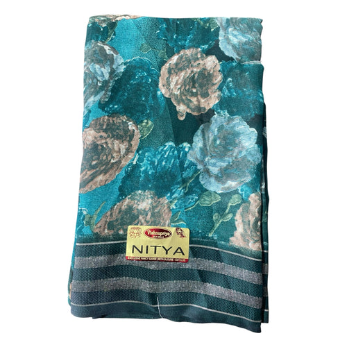 mahalakshmi paradise NITYA floral printed saree in teal with rose motifs and metallic border detail